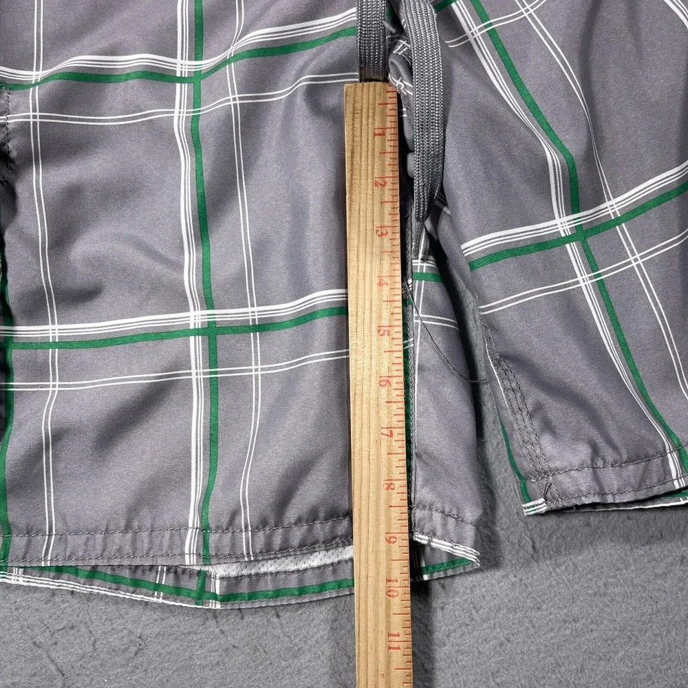 Ocean Pacific Plaid Board Shorts Men Medium Grey Green Cargo Swim Trunks Vintage